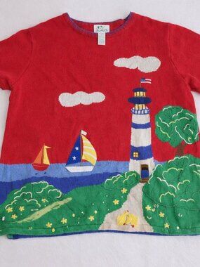 Vintage Quacker Factory Red Knit Nautical Lighthouse Cotton Crew Sweater 1X